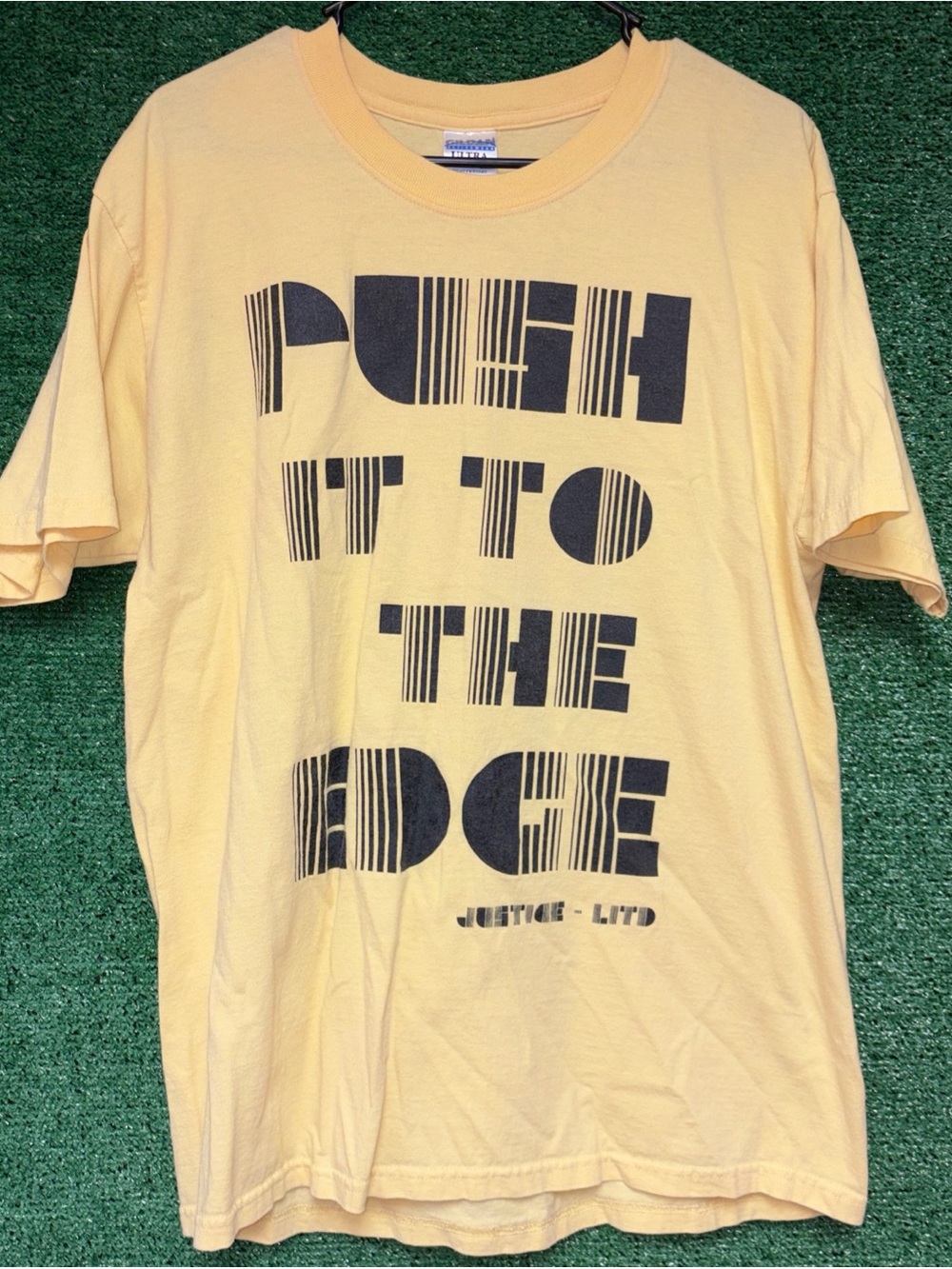 JUSTICE Vintage Y2K Yellow Shirt L Gildan tag.